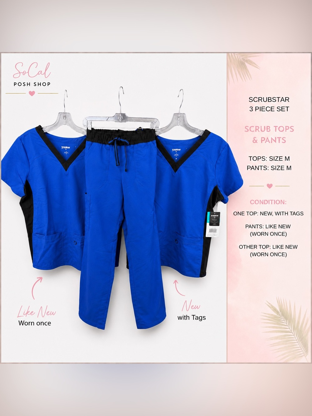 NWT Scrubstar Premium Women's 3pc Royal Blue Black Scrub Tops Pants M